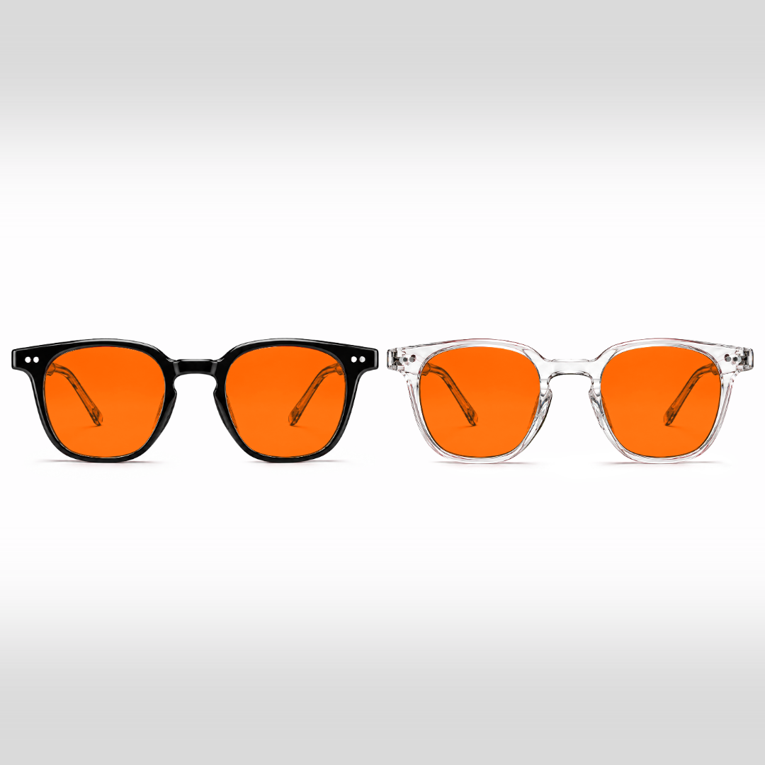 Newton Duo – okulary z filtrem światła niebieskiego z pomarańczowymi szkłami w czarnej i przezroczystej oprawie Crystal