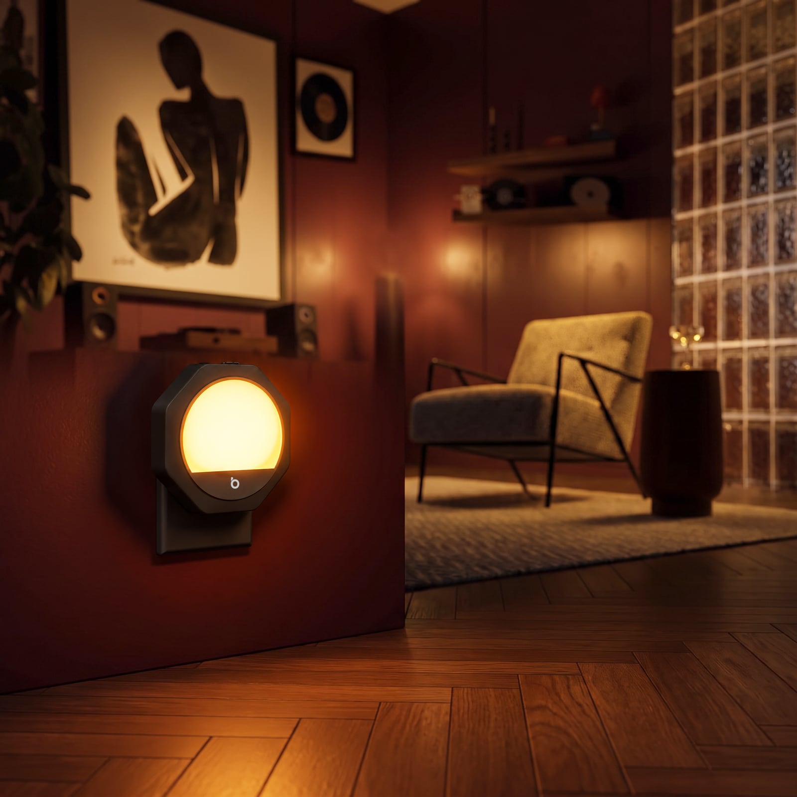 Bursztynowa lampka nocna świecąca w salonie